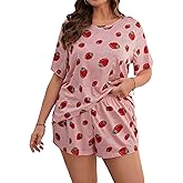WDIRARA Women's Plus Size 2 Piece Pajama Set Cartoon Print Round Neck Short Sleeve Tee with Shorts