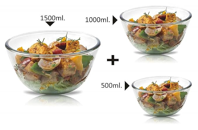 Signoraware Glass Bowl Set of 3, (500ml+1000ml+1500ml) Transparent