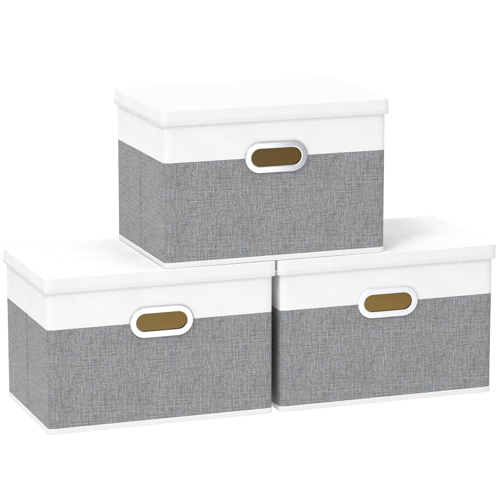 Yawinhe Large Storage Box with Lid 3 Pack, Collapsible Cubes Baskets, for Cupboards, Wardrobe, Shelves, 44x30x30cm, White/Grey, SNK023WGX-3