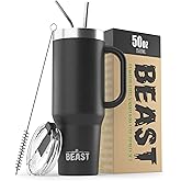 50oz Tumbler with Handle and Straw - Large Insulated Travel Mug for Water, Hot and Iced Coffee - Leak Resistant Stainless Steel Insulated Tumbler with Lid - Gifts for Mom, Women and Men (Matte Black)