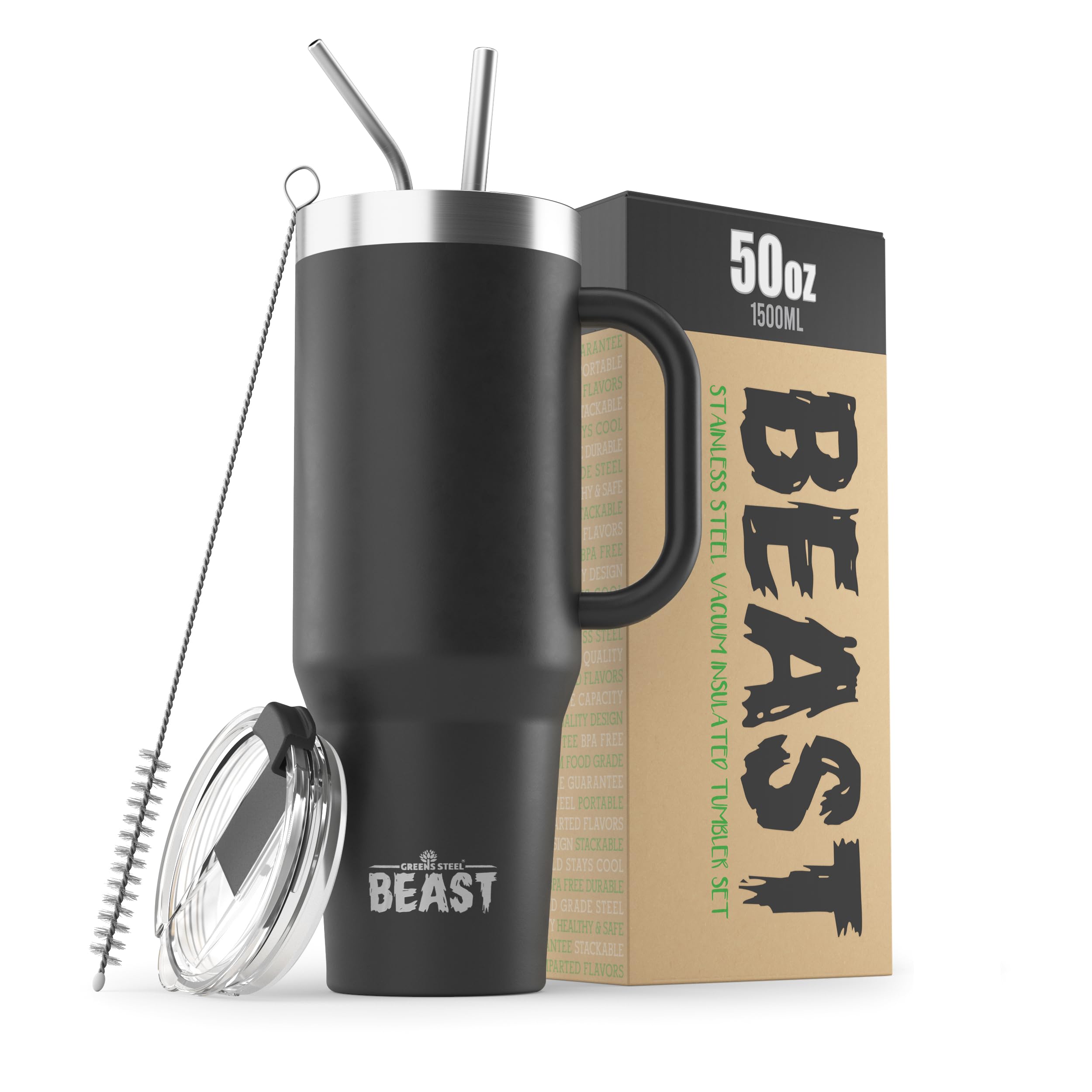 Photo 1 of **White pic is for reference** 50oz Tumbler with Handle and Straw - Large Insulated Travel Mug for Water, Hot and Iced Coffee - Leak Resistant Stainless Steel Insulated Tumbler with Lid - Gifts for Mom, Women and Men (Matte )