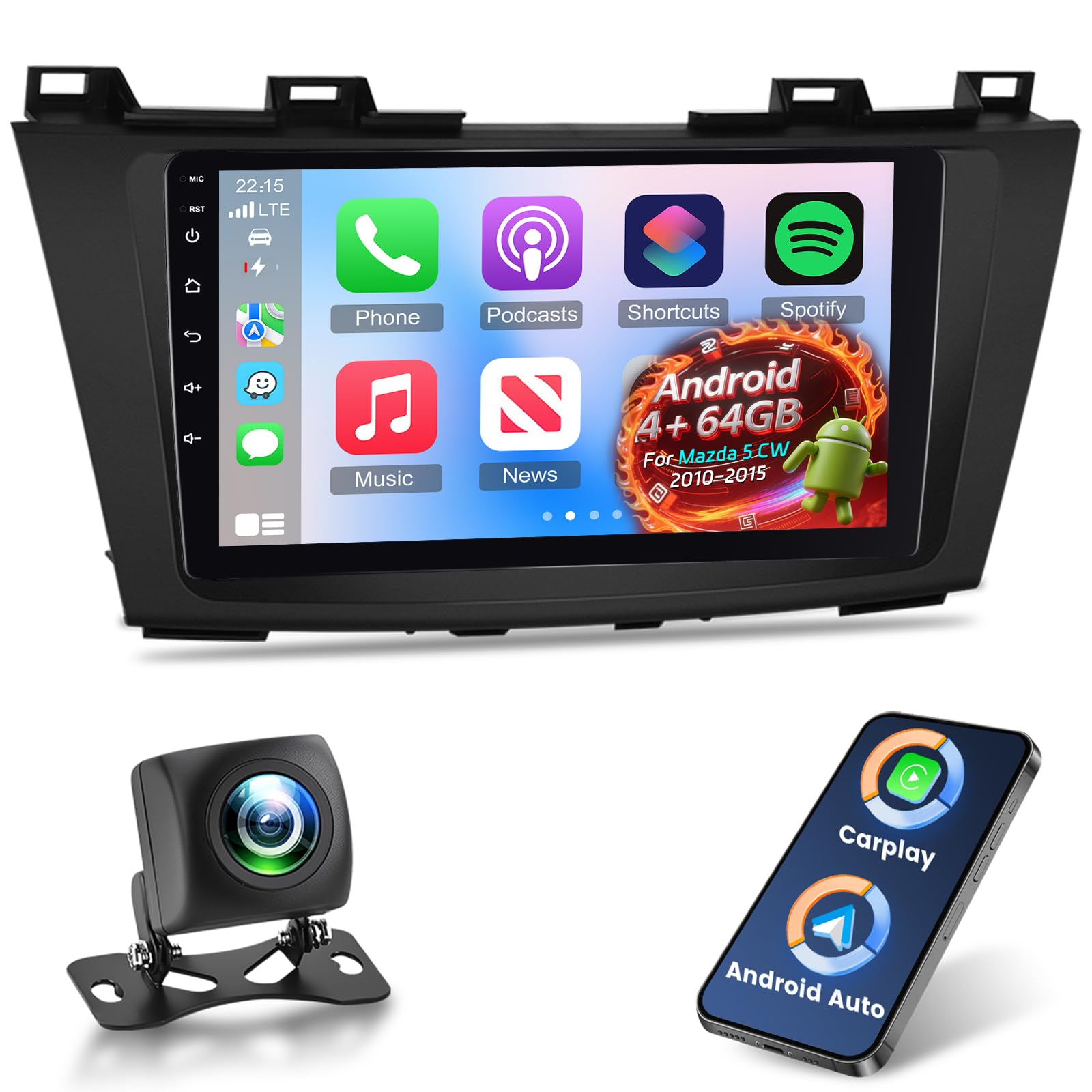 Photo 1 of [Qualcomm 8 Core 4+64G] Android 15 Car Radio for Mazda 5 CW 2010-2015 with Wireless Carplay and Android Auto - 9 Inch 1280 * 720 IPS Touchscreen Car Stereo - DSP/GPS/WiFi/SWC + AHD Backup Camera