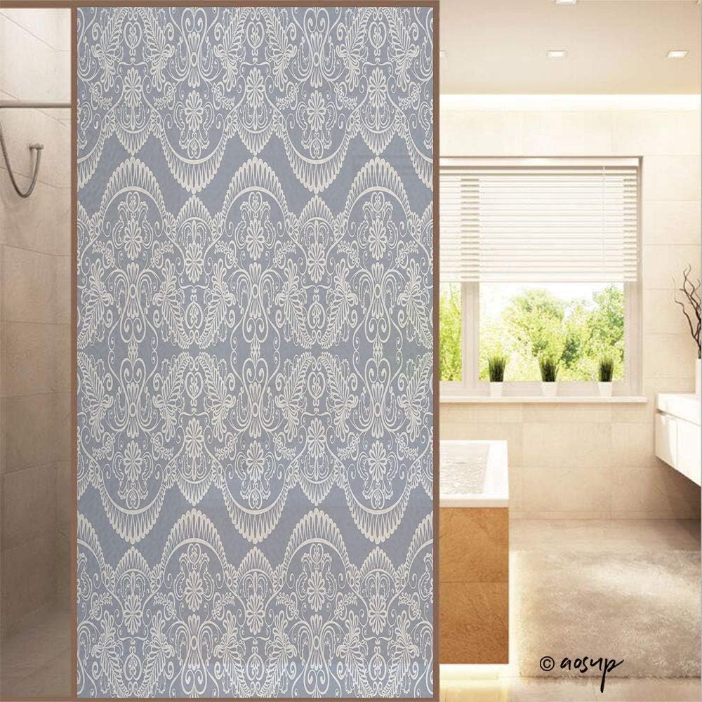 ShopHM Decorative Privacy Window Film Beige Lace Background with Floral Pattern No Glue Frosted Glass Film Static Cling Glass Window Sticker W23.6 xH47.2