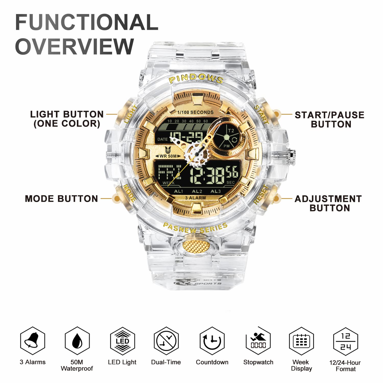 Mens Watch for Men Digital Sport Watch Transparent Gold Watches Waterproof Watches with 3 Alarms/Countdown/Stopwatch/Digital-Analog/Dual Time/Light/Military Multifunctional Wrist Watch
