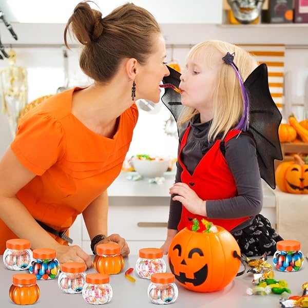 HSEI 50 PCS 5 OZ/ 150 ML PLASTIC PUMPKIN CANDY JARS HALLOWEEN LARGE CANDY BOWL FALL THANKSGIVING JAR WITH LIDS PLASTIC PUMPKIN CONTAINERS FOR HALLOWEEN PARTY DECORATION (HOT PINK,BLACK)