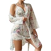 OYOANGLE Women's Chiffon Lace Nightgown with Robe Set Floral Cami Nightwear 2 Piece Sleepwear