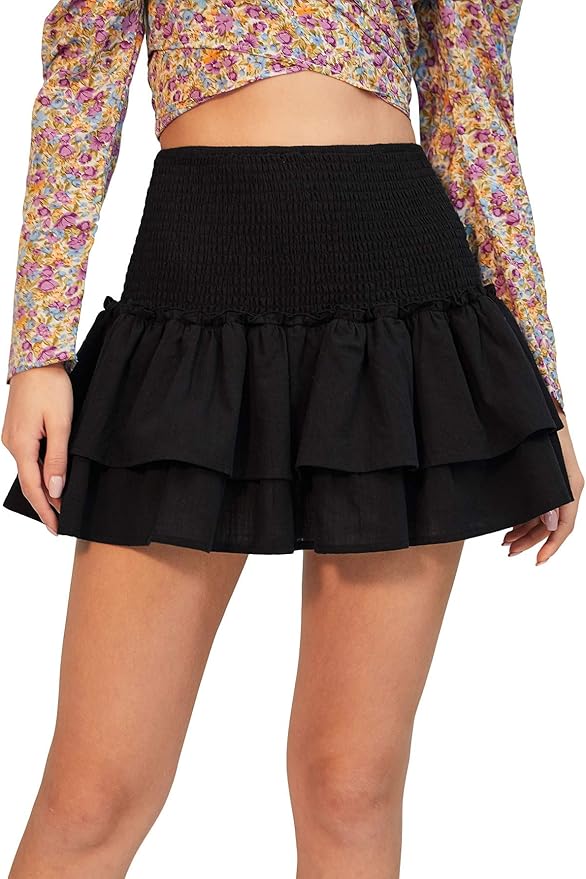 SheIn Women's Solid Shirred High Waist Layered Ruffle Hem