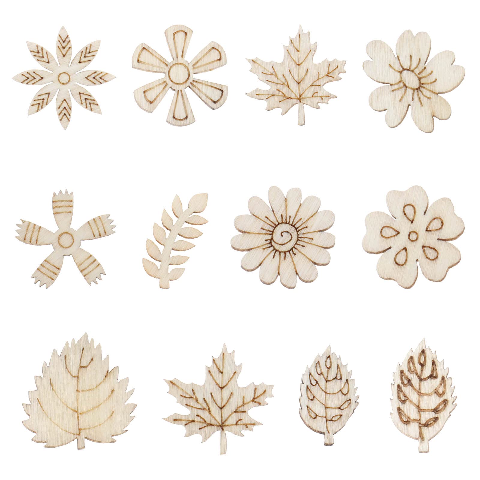 EMSea 200Pcs Wooden Cutouts DIY Decorative Wood Chips Flowers Leaves Wooden Embellishments Wood Art Decoration for DIY Making Crafts