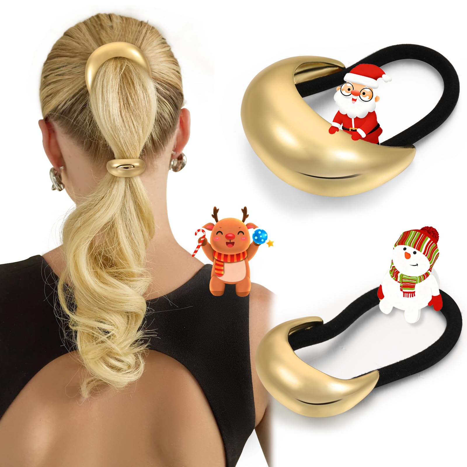 Photo 1 of 2PCS Gold Hair Ties for Women - Metal Hair Accessories for Thick Hair, Elegant and Durable Geometric Design, Ponytail Cuffs Stretchy Non-Damage Holiday Christmas Gifts