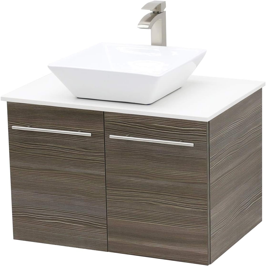 WindBay Wall Mount Floating Bathroom Vanity Sink Set. Taupe Vanity, White Flat Stone Countertop Ceramic Sink - 24"
