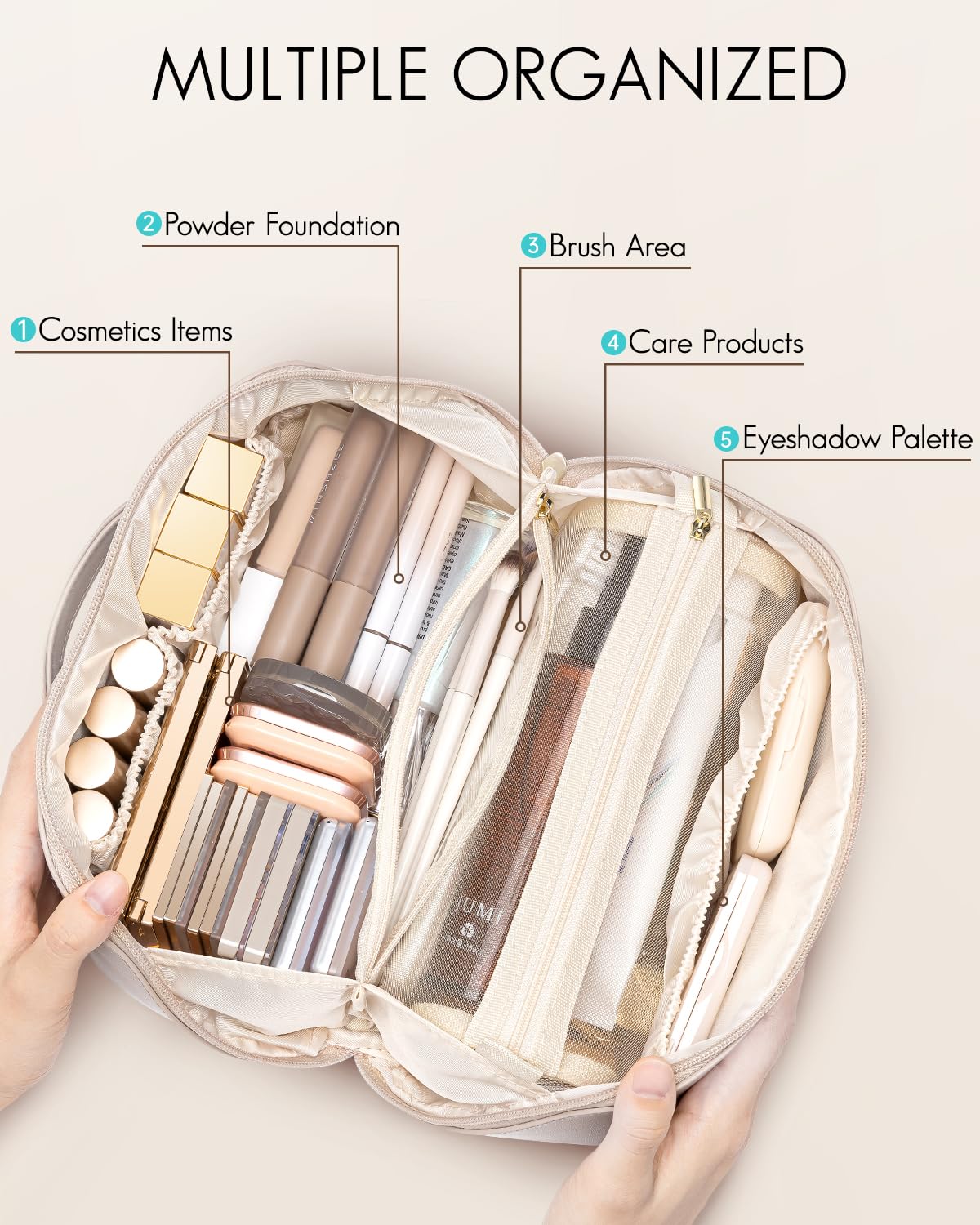 Vlando Travel Makeup Bag,Make up Bag Travel Toiletry Bag for Women Open Flat Makeup Organizer with Divider and Handle-White