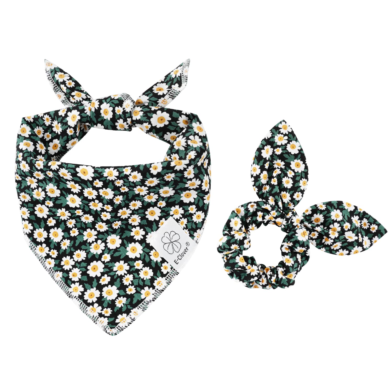 E-Clover Dog Bandanas & Matching Scrunchie Set Girl Dog Scarf Bibs with Bow Scrunchie for Medium Large Dogs Pet Owner Gifts Flower Black — image 1
