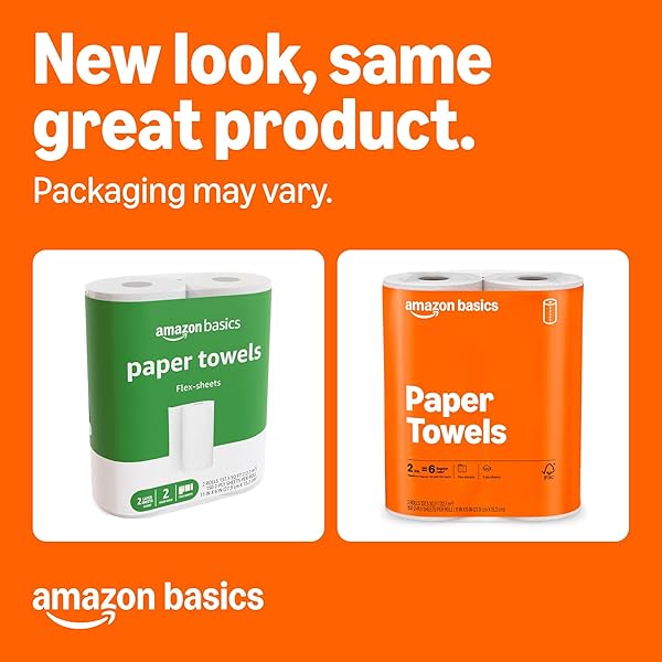 AMAZON BASICS 2-PLY FLEX-SHEETS PAPER TOWELS, 2 BASICS ROLLS = 6 REGULAR ROLLS, EVERYDAY VALUE WITH 150 SHEETS PER ROLL, PACKAGING MAY VARY