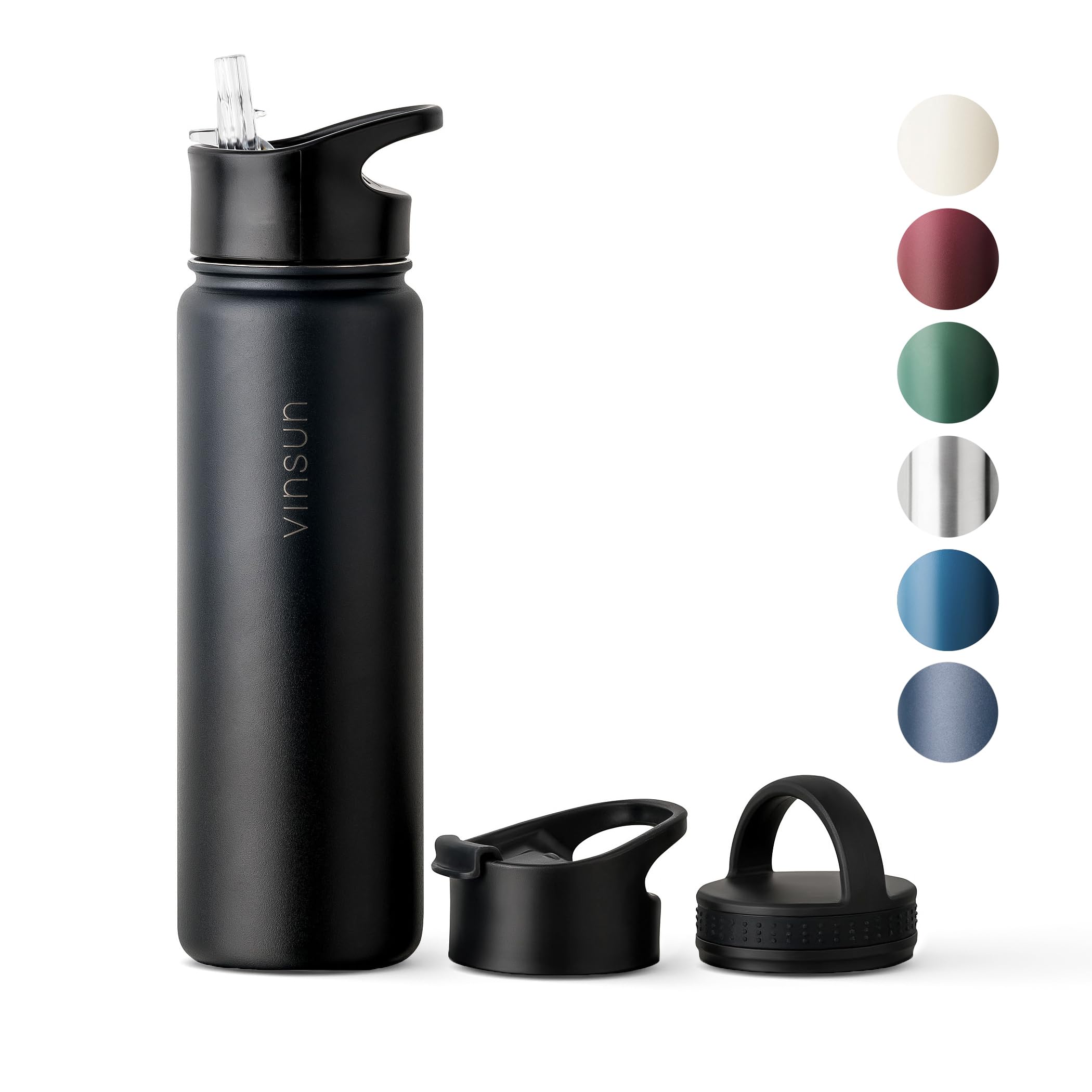 Vinsun Stainless Steel Water Bottle 750ml - 3 Lids - Leakproof, BPA Free, Lightweight - Vacuum Insulated Thermo Flask - Travel, Sports, Gym, Bike, School, Work