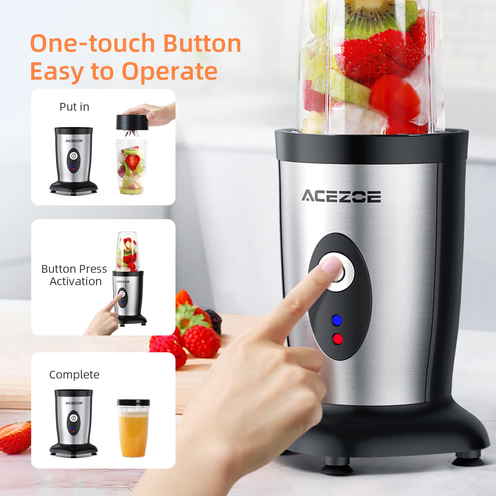 Acezoe 850W Personal Blender for Shakes and Smoothies, 5 in 1 Blenders for Kitchen, with 6 fins Blade, 2x500ml Portable Bottle, 1 Grinding Cup, for Fruit, Juice, Vegatable, Easy to Clean-Silver