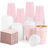 NatNarr 60 Pack Pink Paper Cups with Lids Sleeves, 12oz Insulated To Go Paper Cups Pink Party Cups Disposable Easter Paper Cups, Drinking Cups for Wedding Birthday Baby Shower Party Supplies