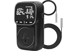 COMYAN Temperature Controlled Outlet , 15A/1800W Digital Thermostat Outlet, Cyclic Timing/Countdown, -40℉~210℉ VA Display Heating Cooling Control Timer with 2Pcs Probe Cable for Reptile Incubator