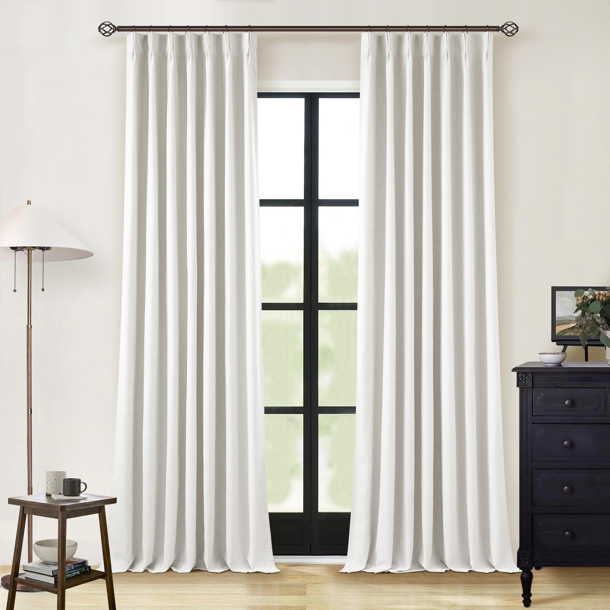 Photo 1 of Linen Blackout Curtains 108 Inch Long 2 Panels Pinch Pleated with Hooks Rings Curtains Noise Reducing Heavy Drapes Ceiling Floor Back Tab Boho Flax Linen Drapes for Living Room Office Bedroom 9 Ft