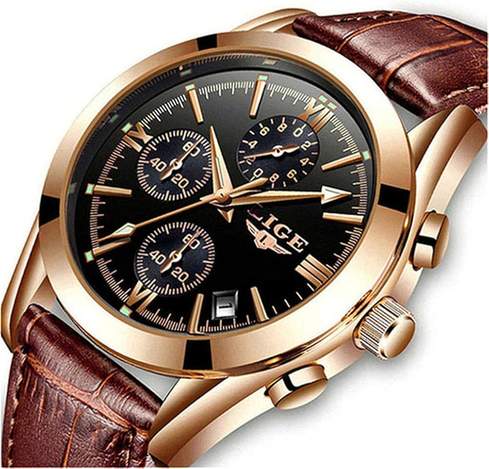 LIGE Mens Watches Leather Analog Quartz Watch Men Date Business Dress