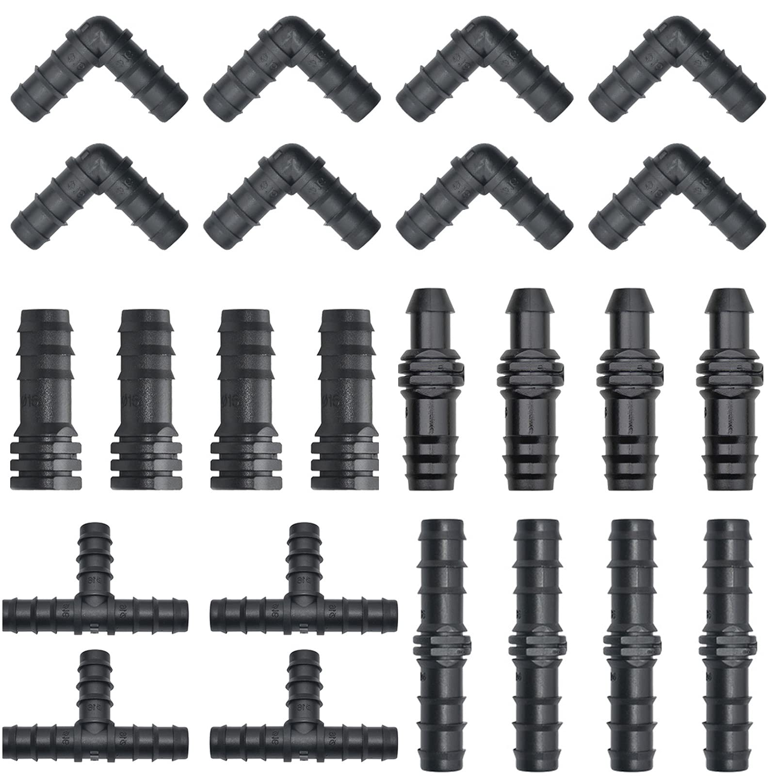 Kalolary 100PCS Drip Irrigation Fittings Kit Drip Irrigation Joint Connectors for 16mm PE Hose Tubing, Including 20 Tees, 20 Elbows, 20 Couplings, 20 End Plugs, 20 Straight Barbs, Lawn Garden Supplies
