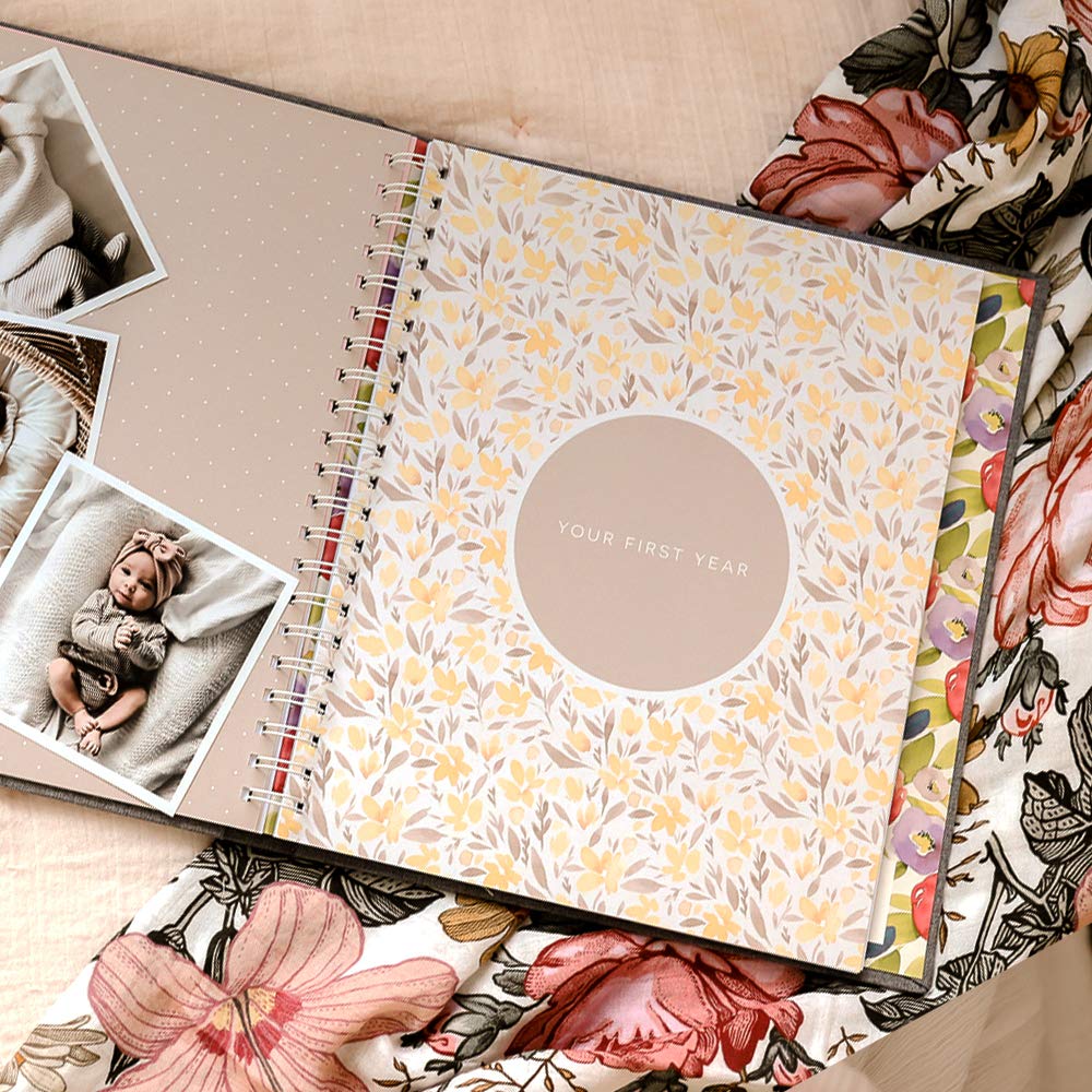 Peachly Minimalist Baby Memory Book for Girls Milestone Keepsake Journal | First Five Years Baby Girl Memory Book | Baby Keepsakes First Year Memory Book | Baby Girl Baby Book | Grey Linen Botanica : Baby