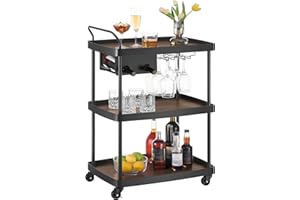 SONGMICS HOME Bar Cart, Home Bar Serving Cart with 3-Tier Shelf, Flexible Wine Bottle Rack and Glass Holder, Drink Beverage Cart, Microwave Cart, Kitchen, Natural Walnut and Ink Black ULRC291B01