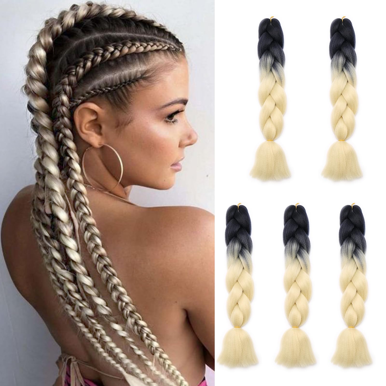 Silk-co 5Bundles 24inch Jumbo Braiding Hair Extensions Afro Box Braids Ombre Synthetic Weaving Hair -Black-Beige