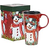 Topadorn Snowman Ceramic Travel Mug Porcelain Coffee Cups with Spill-proof Lid and Box for Christmas, 17 Oz.