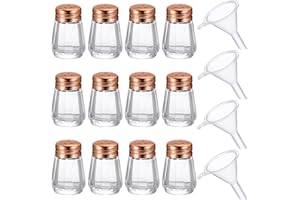 Potchen 12 Pcs Cube Shape Mini Salt and Pepper Shakers Bulk 0.5 oz Small Cube Glass Spice Shaker with Plastic Mini Funnels for Wedding Kitchen Restaurant Travel Camp Party (Rose Gold)
