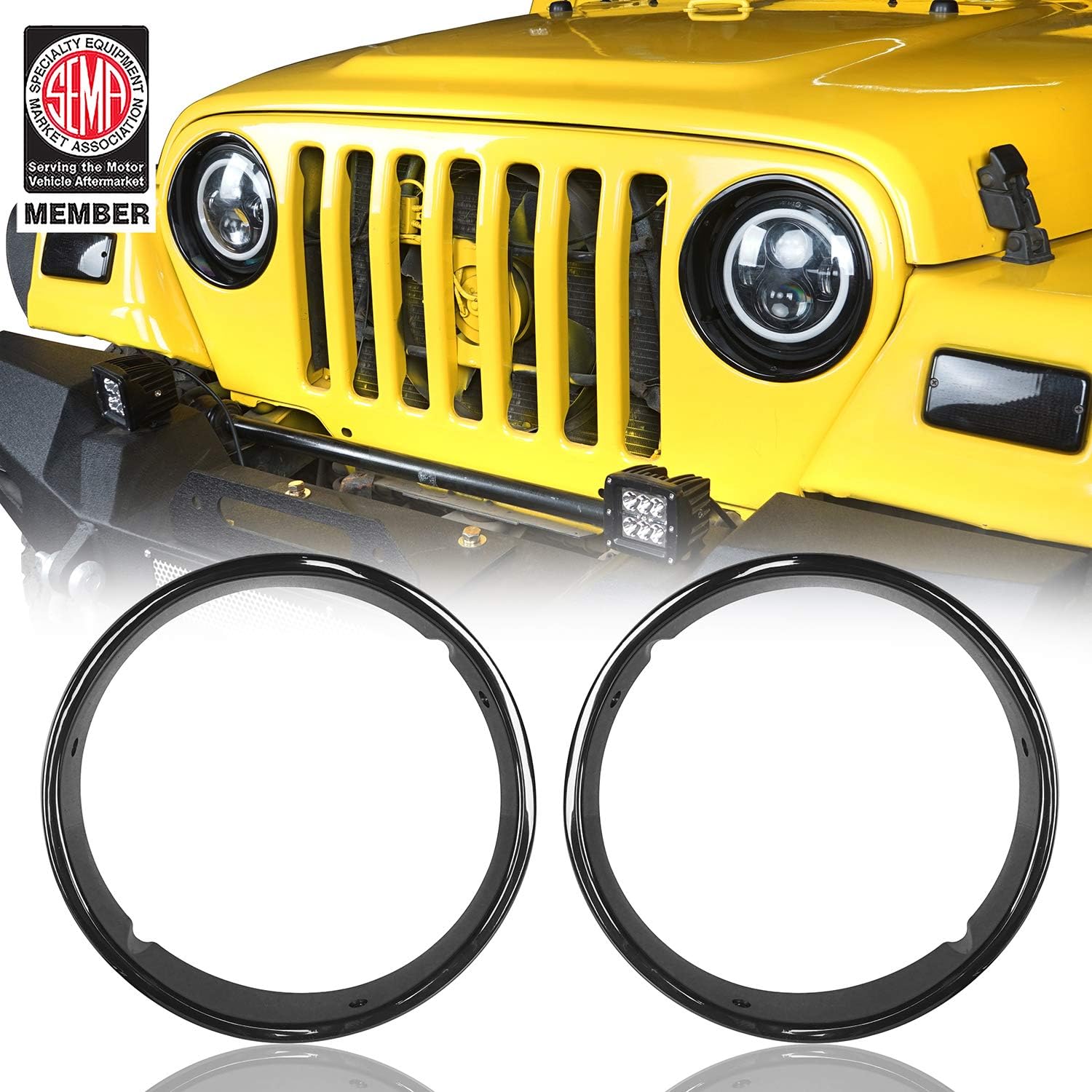 Hooke Road Jeep TJ Bright Black Headlight Bezels Cover Trim for 1997-2006 Jeep Wrangler TJ (Pair)