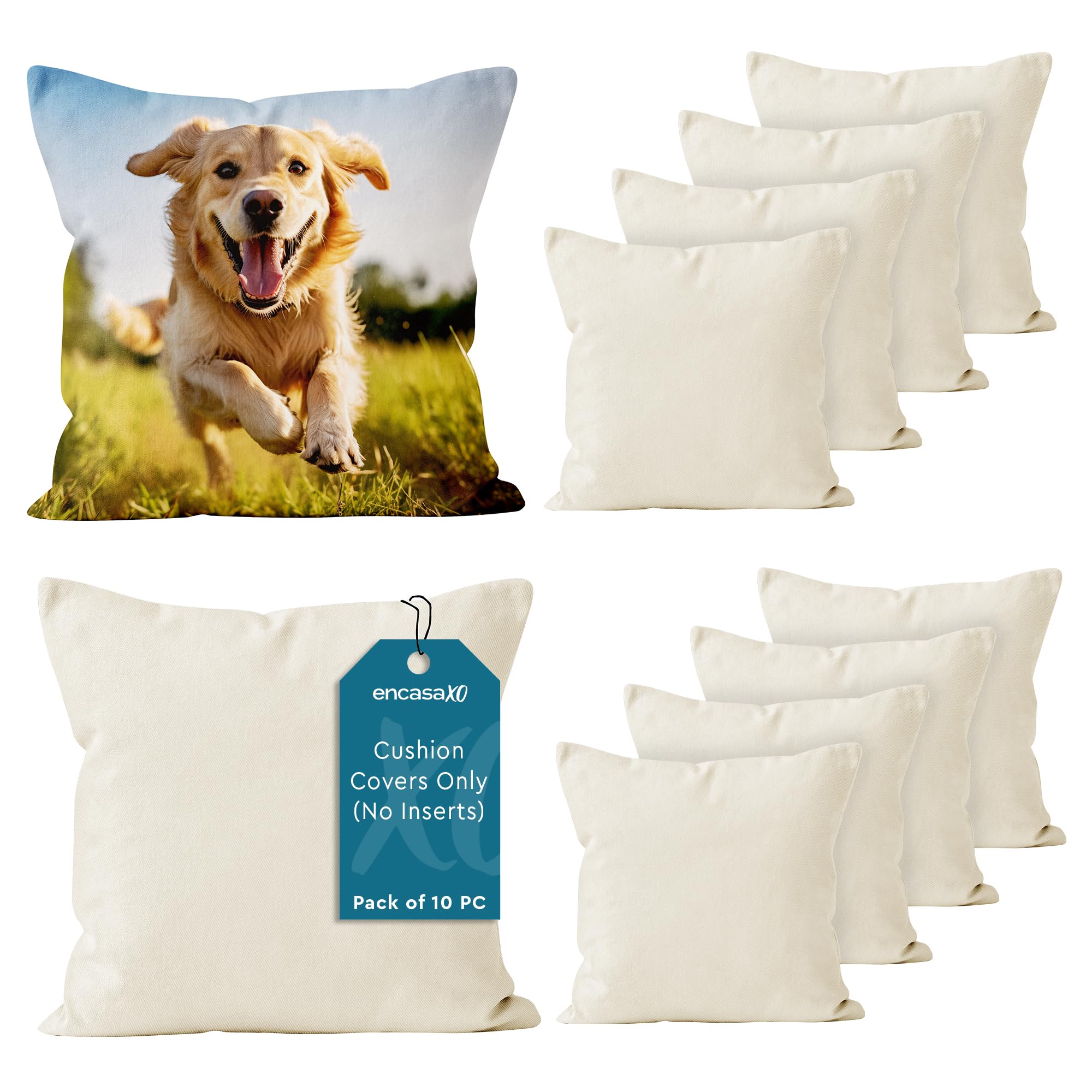 Encasa XO Throw Pillow Covers 16"x16" - Sublimation Blank Natural 10 pc Pack with Invisible Zipper - Soft Polyester Twill Cushion Cases, suitable for DIY, Digital Printing & Painting
