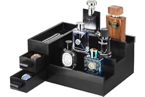 GLOKUUCA Perfume Stand Organizer for Men, 3 Tier Perfume Display Shelf with Velvet Lining Drawer and Hidden Compartment,Display Risers (Black - 2 Drawer)