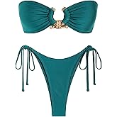 ZAFUL Women's Bandeau Bikini Shiny Metal Ring Decor Lace Up Tied Side High Cut Strapless Swimsuit