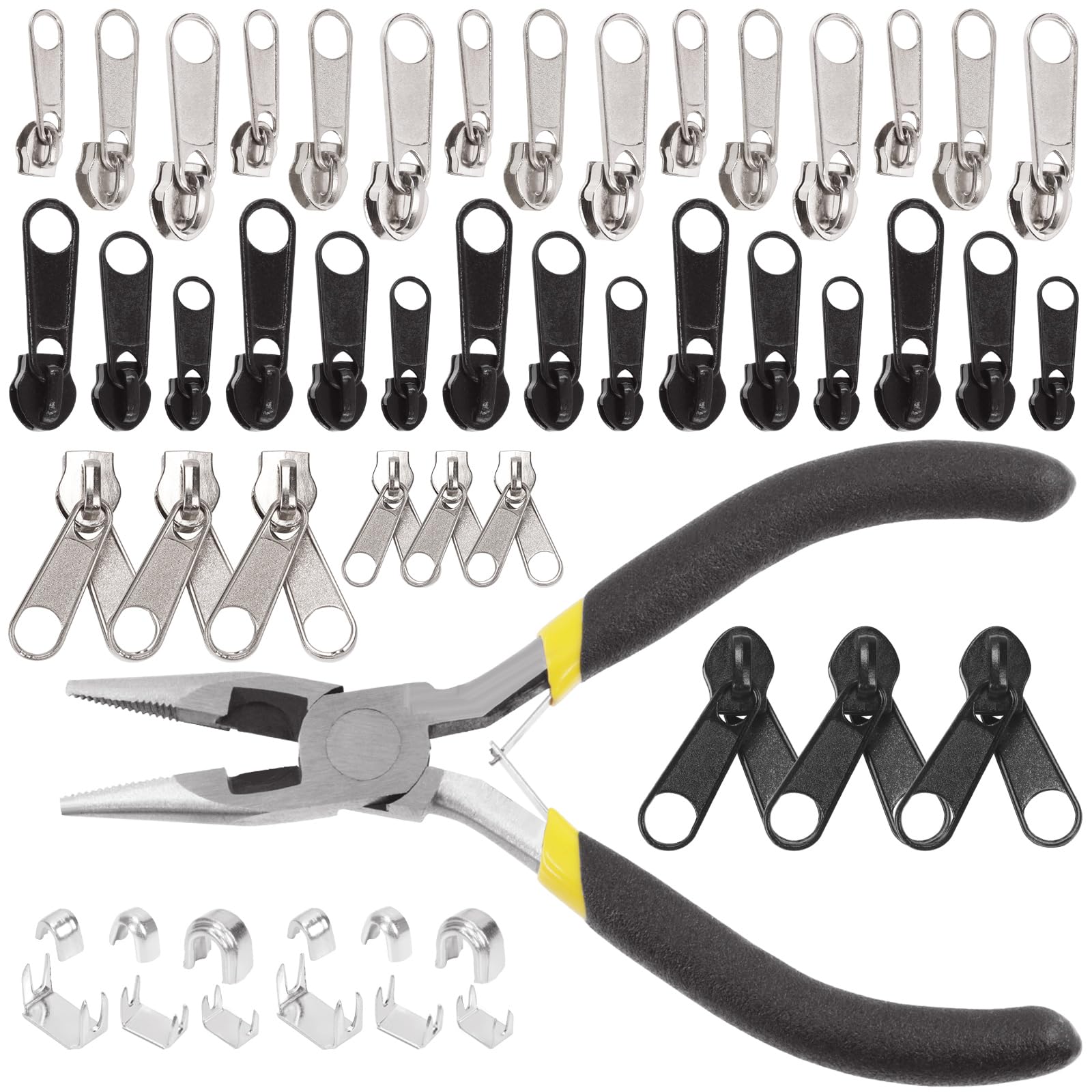 Keadic 85Pcs #3#5#8 Zipper Repair Kits with Installation Pliers, 15Pcs Bottom Stoppers, 39Pcs Metal Zipper & 30Pcs U Shape Top Stops for Jackets Coats Bags Backpack Tents