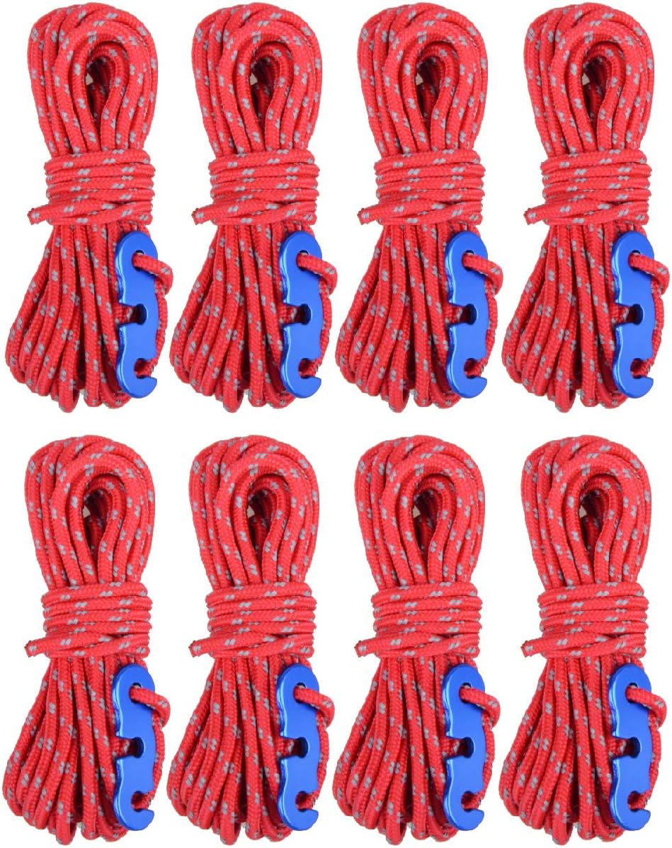 Azarxis Reflective Guy Ropes 3mm Guylines 4m / 13ft Tent Camping Cords Lightweight with Heavy Duty Aluminum Line Adjusters Tensioners for Tying Down Tarps Fixing Outdoor Packaging (Red