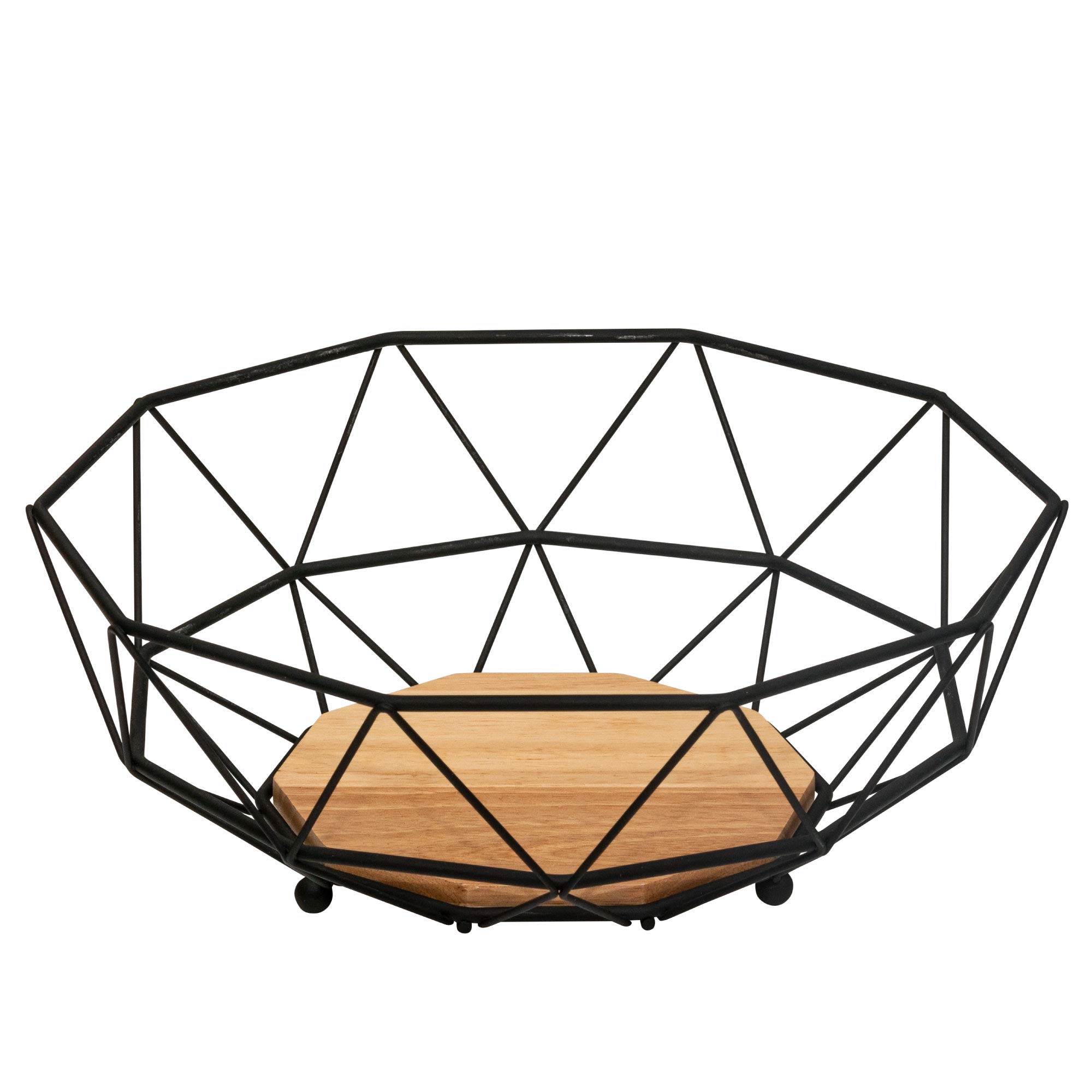 Rubberneck Metal Wire Fruit Bowl with Bamboo Wooden Base - Storage Basket for Fresh Fruits and Veg, Black