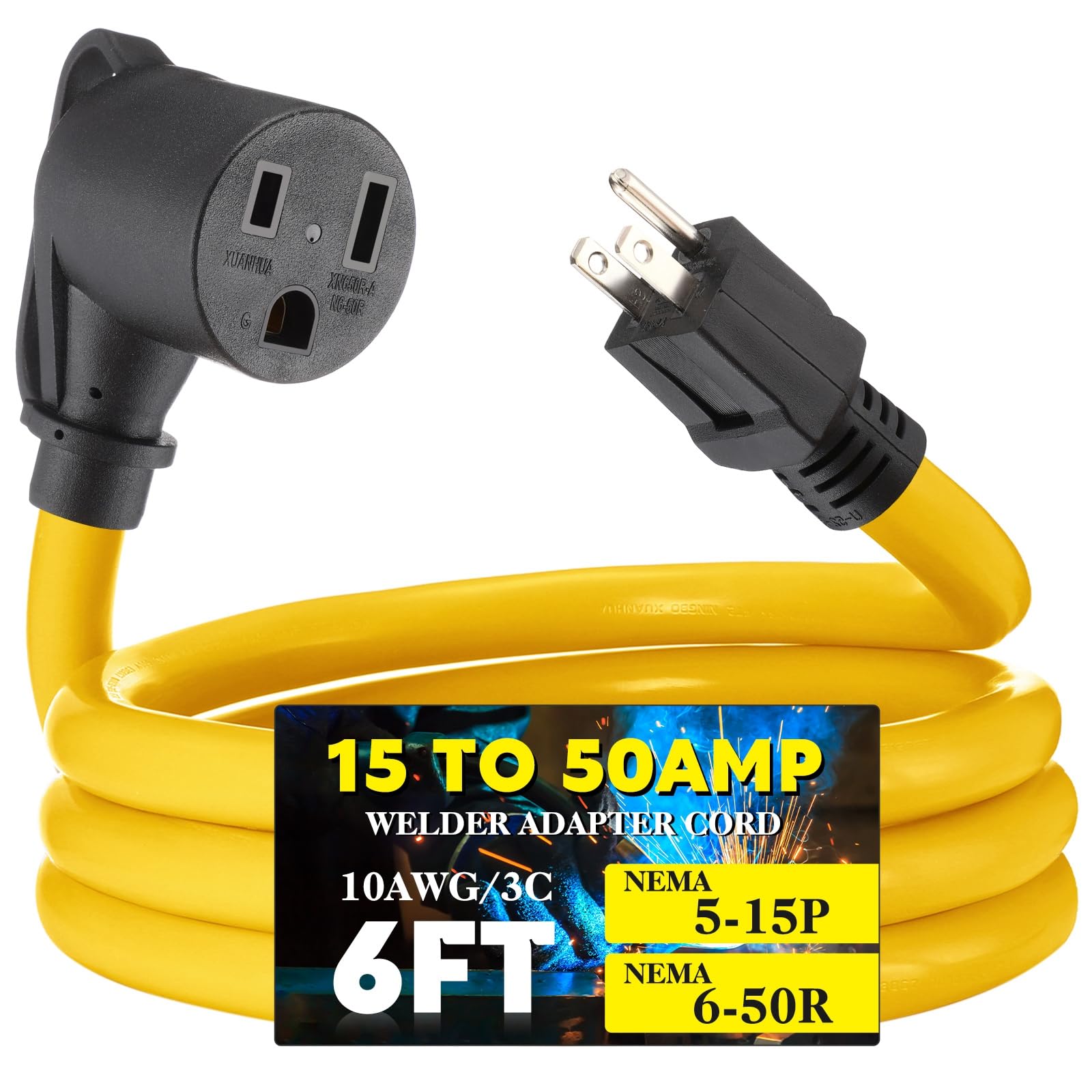 Photo 1 of Tellegloww 6ft 15Amp to 50Amp Welder Extension Cord, Compatible with NEMA 5-15P Male to 6-50R Female 15Amp 3 Prong to 3 Prong Welder Power Adapter, STW 10 AWG/3C, 15 Amp 250V 3750 Watt ETL Listed