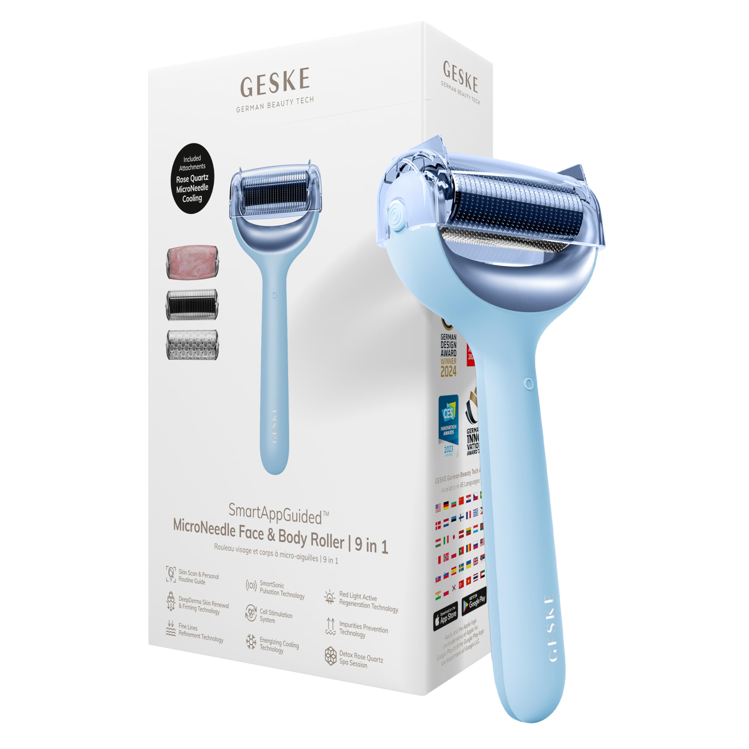 GESKE SmartAppGuided™ MicroNeedle Face & Body Roller | 9 in 1 | Derma Roller | Electric roller with rose quartz | Microneedling device | Needle roller | Beauty roller for face and body