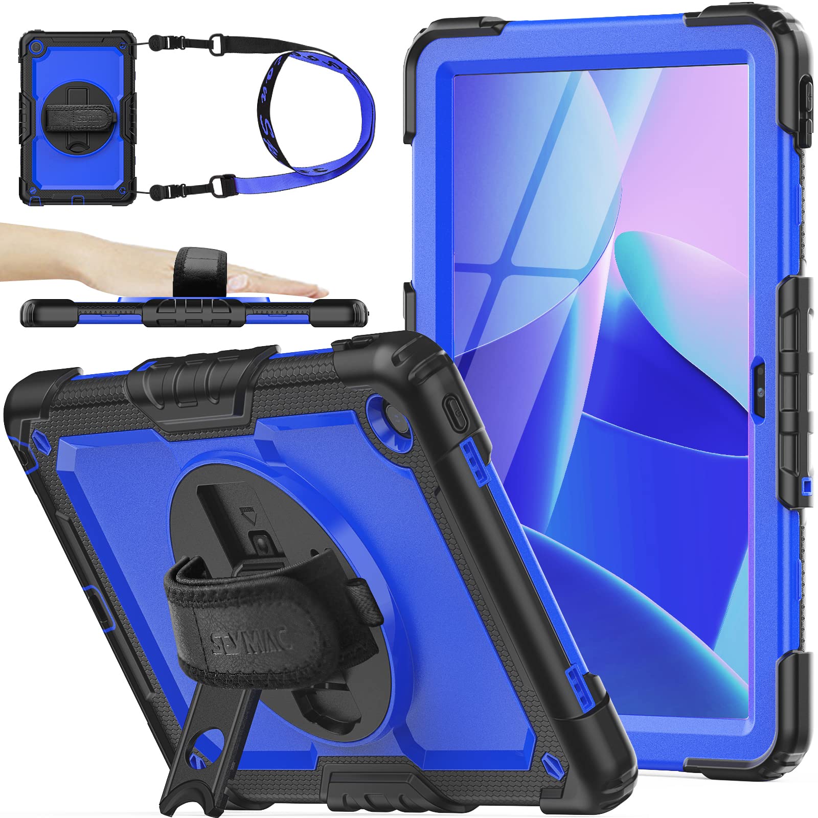 Photo 1 of SEYMAC stock Tablet Case for Lenovo Tab M10 Plus 3rd Gen (TB-125FU/128FU/128XU) 10.6 inch Drop-Proof Protection Cover with 360° Rotate Stand & Strap [Pen Holder] & Screen Protector, Blue+Black
