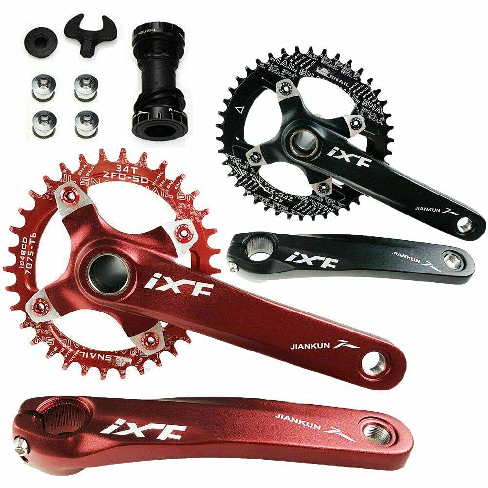 Ykpoo IXF Aluminum MTB Road Bike Bicycle Crank Set Bottom Bracket BB 170mm BCD 104mm 32T/34T/36T/38T Chainring +Crank + BB (36T, Red)