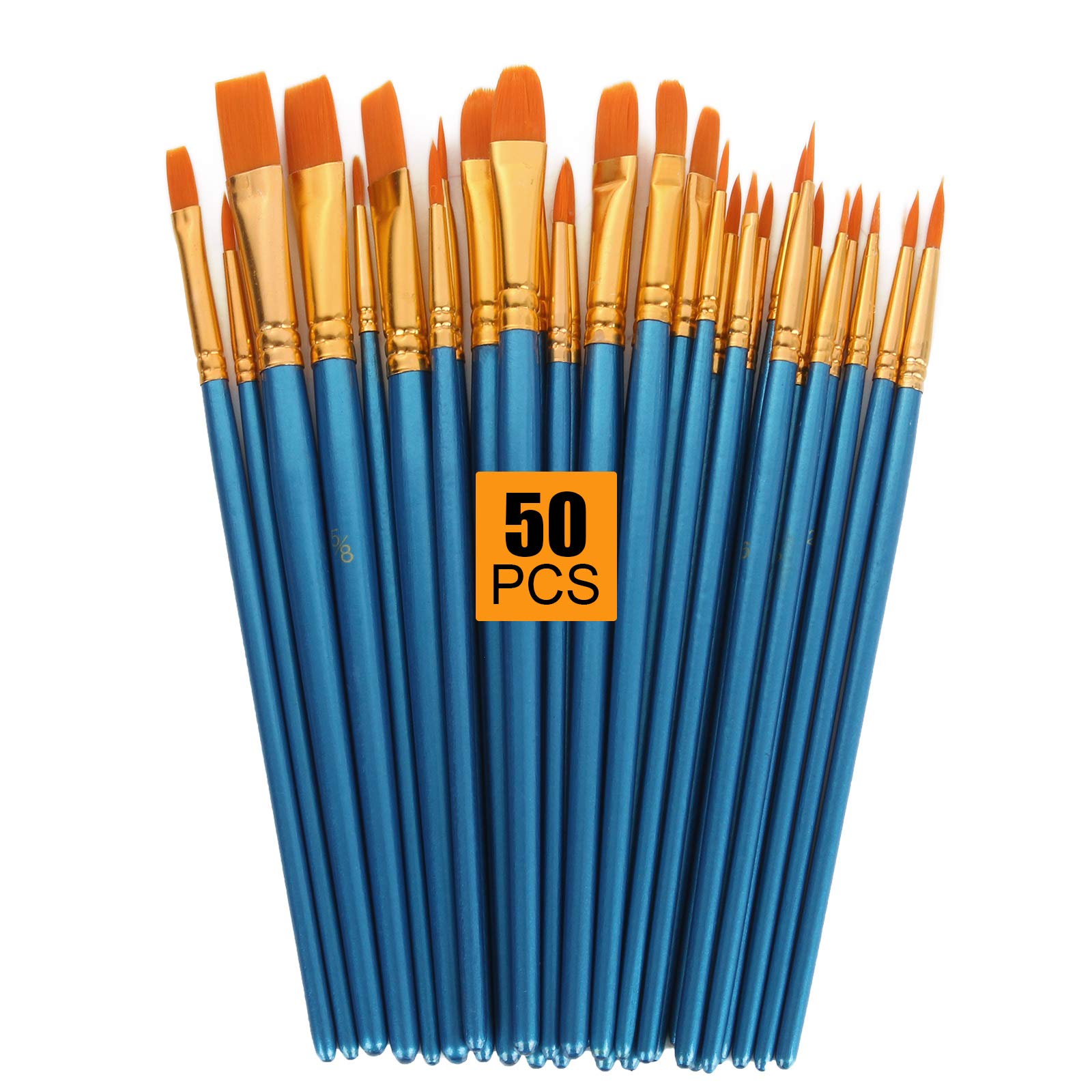 AHUNTTER 50 Pcs Artists Nylon Hair Small Art Paint Brushes Set for Oil Acrylic Watercolour Gouache Craft Face Painting, Perfect for Painting Canvas, Ceramic, Clay, Wood & Model - Blue