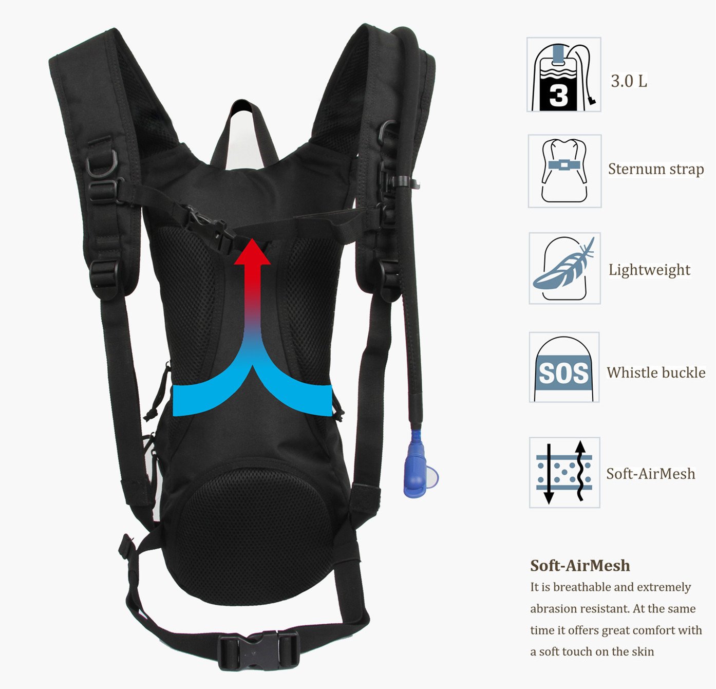 Tactical Hydration Pack Backpack 900D with 3L Water Bladder Reservoir