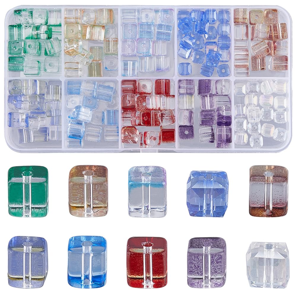SOFPLATE 1 Box 220Pcs 10 Colors Square Glass Bead Crystal Cube Beads Bulk 6mm Transparent Red Blue Green Faceted Sparkle Gemstone Loose Spacer Charm Bead for Bracelet jewellery Making DIY Crafts Findi