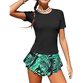 FoWear Girls Rash Guard Swimsuits Short Sleeve Swimwear Skirt with Built-in Shorts Girls Bathing Suits Size 6-14