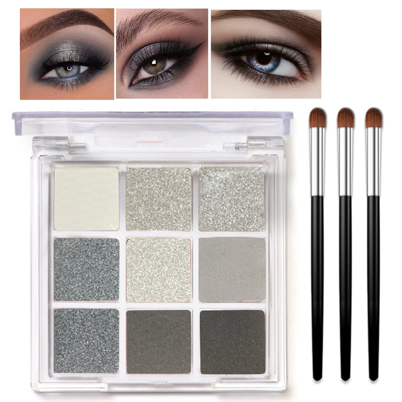 Smoky Eyes Eyeshadow Palette, 9 Colours Black Gray Eye Shadows Palette, Highly Pigmented Colours Make-up Palettes Matte Shimmer Eyeshadow Makeup, Cool Smoky Eye Shadow Pallets for Women, with Brushes