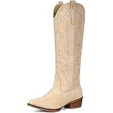 Fioralie Suede Cowboy Boots for Women Knee High Western Cowgirl Boots Pointed Toe Low Heel Classic Embroidered Boot