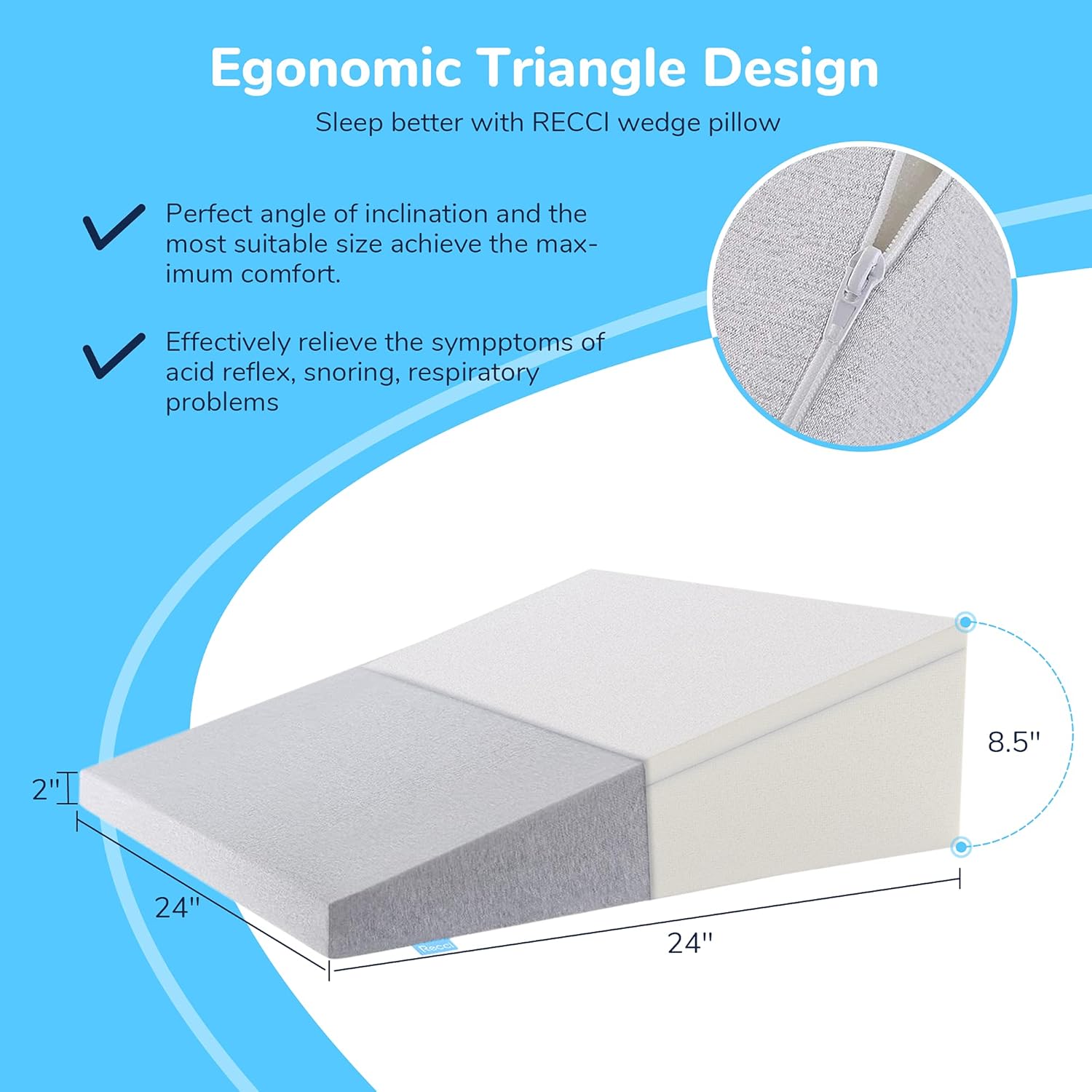 RECCI 8.5 Inch Wedge Pillow, 100% Memory Foam Incline Cushion System for Legs and Back Support Pillow, Wedge Pillow for Sleeping and Acid Reflux, Heartburn, Polygiene Removable Cover, 24x24x8.5”: Home & Kitchen