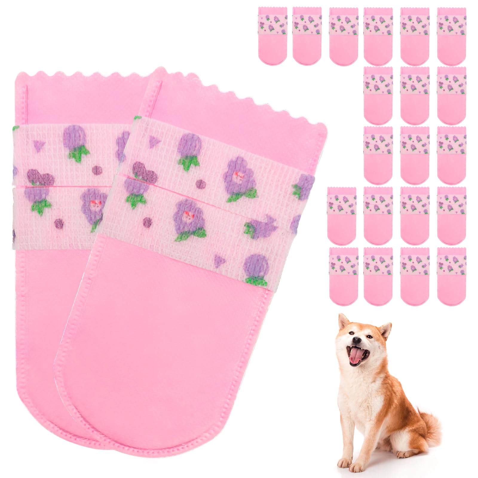 caichuxiye 20PCS Dog Shoes,Double Layer Breathable Dog Shoes,Dog Booties to Prevent Licking,Disposable Dog Booties for Hot Pavement with Adjustable Double Bandages.Pink (Purple Grape Bandage(M))