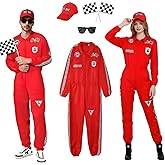 XYHKOBB 5PCS Racing Car Driver Costume for Slim Adults, Red Racer Jumpsuit Halloween Cosplay Outfit with Hat Sunglasses Flags