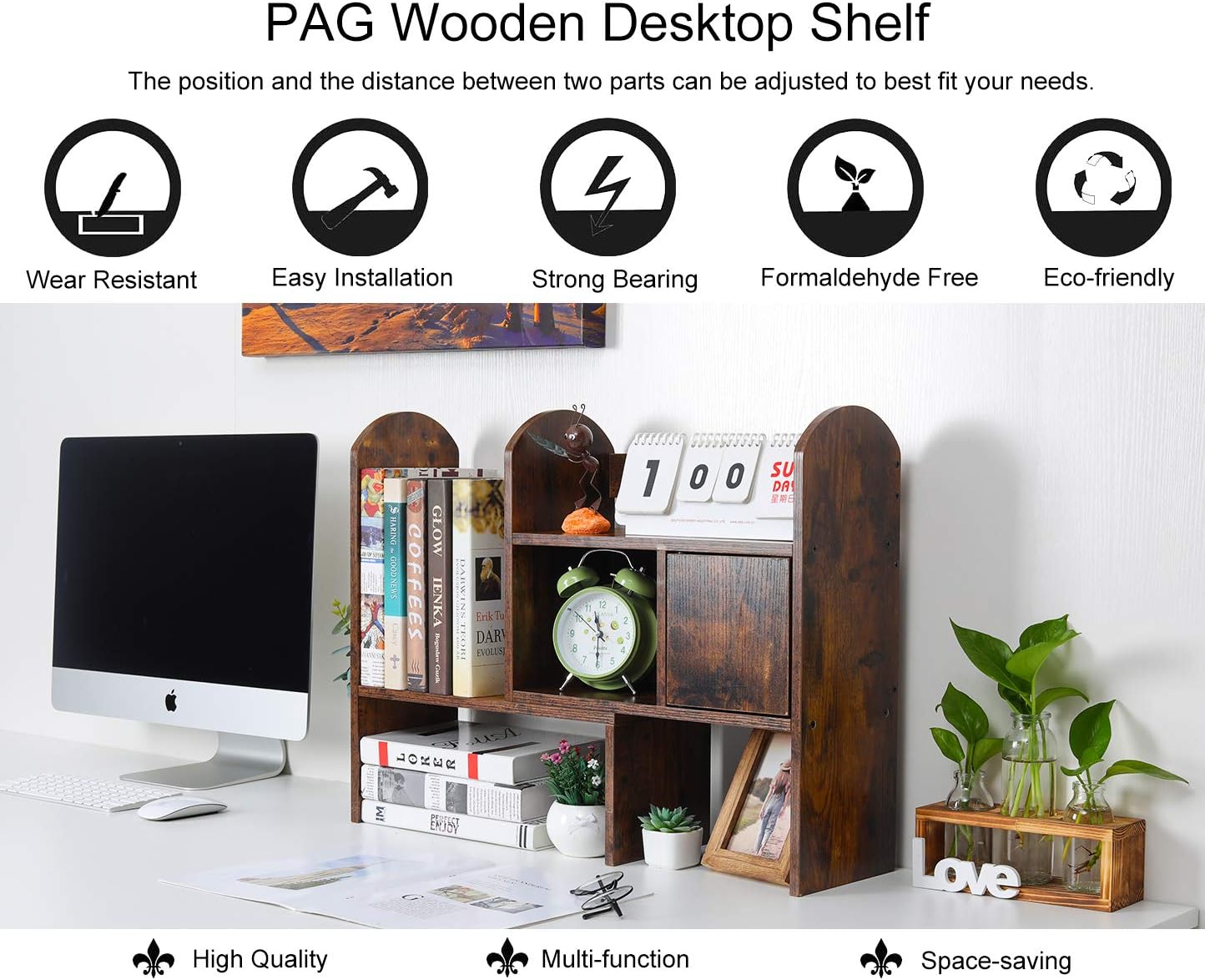 PAG Adjustable Desktop Shelf Countertop Bookshelf Bookcase Wood Desk Organizer Office Supplies and Accessories Storage Display Rack, Antique Brown : Office Products